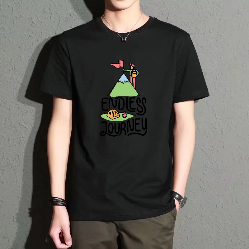 Outdoor Adventure Outfit - Men's Black Round-Neck Short-Sleeved T-Shirt with